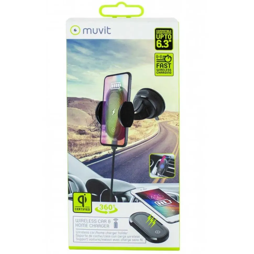 Muvit Soporte Móvil para Coche con Cargador Inalámbrico Qi 5W/7.5W para Salpicadero/Parabrisas/Rejilla de Ventilación 2A 10W