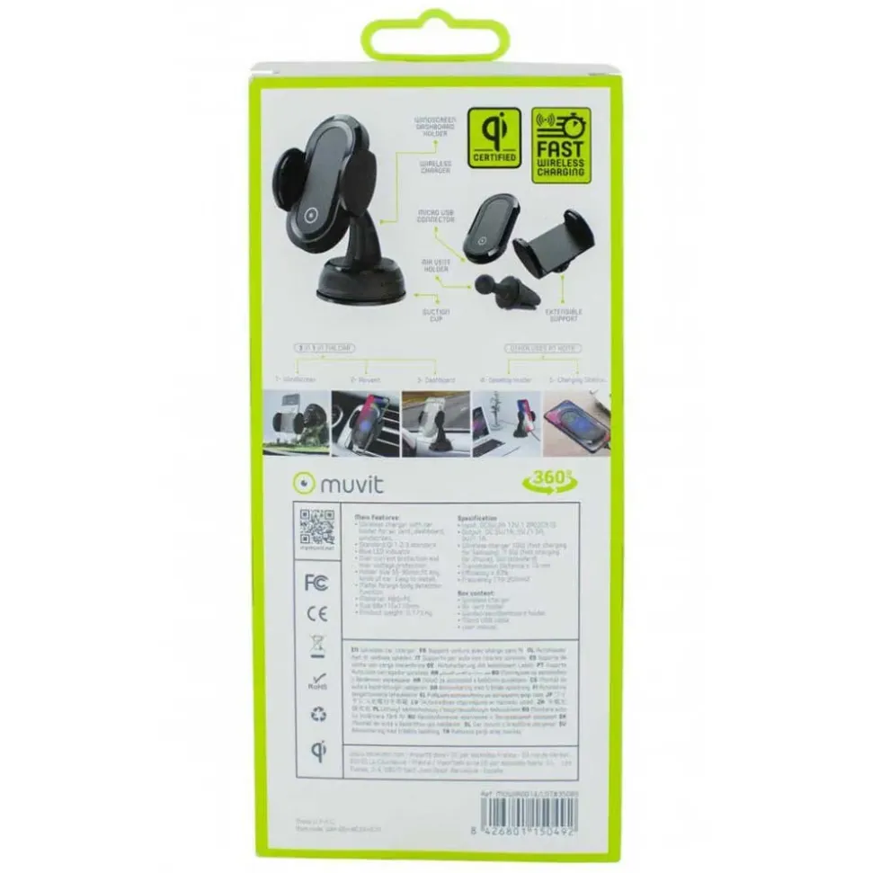 Muvit Soporte Móvil para Coche con Cargador Inalámbrico Qi 5W/7.5W para Salpicadero/Parabrisas/Rejilla de Ventilación 2A 10W